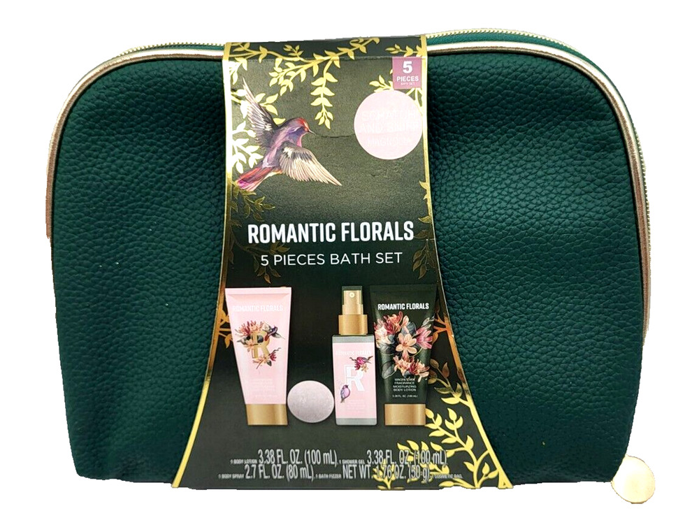 Romantic Florals 5 Piece Bath Set Lotion Shower Gel Body Spray in Green Bag YK